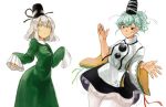  2girls alternate_hairstyle cosplay costume_switch cowboy_shot dress eyebrows ghost_tail green_dress green_hair grey_eyes hair_between_eyes hat highres japanese_clothes kariginu looking_at_viewer miniskirt mononobe_no_futo mononobe_no_futo_(cosplay) multiple_girls pom_pom_(clothes) ponytail pororikin short_hair silver_hair simple_background skirt sleeves_past_wrists smile soga_no_tojiko soga_no_tojiko_(cosplay) tate_eboshi thick_eyebrows touhou white_background wide_sleeves 