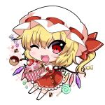  1girl :d blonde_hair candy checkerboard_cookie cherry chibi chocolate_doughnut cookie cupcake doily doughnut fang flandre_scarlet food frilled_skirt frills fruit hat hat_ribbon heart kneehighs lollipop looking_at_viewer mob_cap noai_nioshi one_eye_closed open_mouth puffy_short_sleeves puffy_sleeves red_eyes ribbon short_hair short_sleeves side_ponytail simple_background skirt skirt_set smile solo touhou white_background white_legwear wings wrist_cuffs 