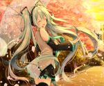  1girl :d ^_^ aqua_hair bangs cherry_blossoms closed_eyes detached_sleeves hatsune_miku headset holding holding_umbrella long_hair looking_back open_hand open_mouth pleated_skirt shiina_kuro skirt smile solo thigh-highs transparent_umbrella twintails umbrella very_long_hair vocaloid 