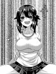  1girl arms_behind_back black_hair black_skirt blush breasts commentary_request greyscale gym_shirt hair_between_eyes hayasui_(kantai_collection) heart kantai_collection large_breasts miniskirt monochrome no_jacket no_pupils open_mouth pleated_skirt round_teeth shirt short_hair skirt solo spread_legs teeth translation_request yokai 