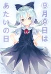  (9) +_+ 1girl blue_dress blue_eyes blue_hair blue_ribbon bow cirno dress fairy_wings hair_bow hands_on_hips hibanar ice ice_wings looking_at_viewer puffy_short_sleeves puffy_sleeves ribbon short_hair short_sleeves smile solo touhou translated wings 