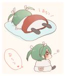  1girl black_legwear blush chibi commentary_request cushion green_hair hair_ribbon ina_(1813576) kantai_collection looking_back panties print_panties ribbon simple_background solo twintails underwear white_ribbon zuikaku_(kantai_collection) 