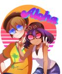  1boy 1girl alolan_exeggutor arm_around_shoulders brown_hair brown_hat dark_skin denim denim_shorts dexio_(pokemon) hat pink_(4chan) pokemon purple_hair shirt shorts sina_(pokemon) smile standing sunglasses t-shirt transparent_background v 