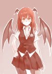  1girl :/ bat_wings blush breasts cleavage closed_mouth collared_shirt contrapposto demon_wings dress_shirt hand_on_hip head_wings koakuma looking_at_viewer miniskirt name_tag open_clothes outline pantyhose redhead sawaya_(mizukazu) shirt skirt skirt_set solo touhou translation_request vest white_shirt wings yellow_eyes 