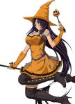  1girl black_boots black_bra boots bra breasts cleavage detached_sleeves dress grey_eyes hair_over_one_eye halloween_costume hat ikkitousen kan&#039;u_unchou large_breasts looking_at_viewer orange_dress orange_hat pumpkin smile solo thigh-highs thigh_boots underwear witch_hat 