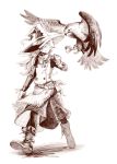  1girl adapted_costume asymmetrical_hair belt bird boots bow braid closed_mouth eagle hair_bow hat highres kirisame_marisa kuroda_(nanchara_flight) monochrome scarf side_braid sketch touhou walking white_background witch_hat 