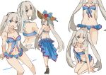  1girl :d arm_support back bikini bikini_skirt blue_bikini blue_eyes breasts character_sheet cleavage fate/grand_order fate_(series) front-tie_top grey_hair hat high_heels hsin kneeling long_hair looking_at_viewer marie_antoinette_(fate/grand_order) navel open_mouth sandals simple_background sketch smile solo swimsuit twintails white_background 