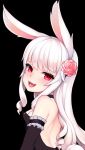  1girl animal_ears bare_shoulders dress elbow_gloves elin_(tera) flower from_behind gloves grimgrim hair_flower hair_ornament highres long_hair looking_back open_mouth rabbit_ears red_eyes silver_hair smile solo strapless strapless_dress tail tera_online upper_body 