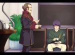  2boys brown_eyes brown_hair chair cup facial_hair ginga_eiyuu_densetsu gundam gundam_unicorn indoors male_focus multiple_boys mustache open_mouth otto_mitas plant purple_hair saucer sitting smile standing tea teacup teapot uniform violet_eyes yang_wen-li yu(star)to 