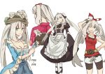  1girl ;d bike_shorts breasts character_sheet cleavage dress fate/grand_order fate_(series) flower grey_hair haruka_(pokemon) haruka_(pokemon)_(remake) haruka_(pokemon)_(remake)_(cosplay) hat hsin japanese_clothes kimono long_hair looking_at_viewer maid marie_antoinette_(fate/grand_order) one_eye_closed open_mouth pokemon pokemon_(game) pokemon_oras shorts simple_background smile solo twintails white_background 