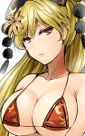  1girl bikini bikini_top blonde_hair breasts cleavage collarbone flower hair_flower hair_ornament halterneck hat highres junko_(touhou) large_breasts lily_(flower) long_hair looking_at_viewer micro_bikini orange_flower parted_lips red_eyes shiny shiny_skin solo swimsuit touhou y2 