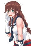 1girl blush braid breasts brown_hair commentary_request flying_sweatdrops gloves green_eyes kantai_collection large_breasts long_hair looking_at_viewer noshiro_(kantai_collection) open_mouth school_uniform serafuku skirt sleeveless solo sweat sweatdrop twin_braids white_gloves youkan 