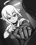  1girl antenna_hair clenched_hand dana_zane greyscale mechanical_arm monochrome necktie punching va-11_hall-a white_hair wristband 