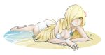  1girl arm_support ass beach bikini blonde_hair breasts cleavage erica_june_lahaie flower green_eyes hair_flower hair_flowing_over hair_ornament hair_over_one_eye hair_spread_out long_hair looking_at_viewer lusamine_(pokemon) lying parted_lips partially_submerged pokemon pokemon_(game) pokemon_sm sand smile solo swimsuit very_long_hair water white_bikini 