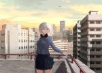  1girl aircraft airplane arm_behind_back blonde_hair blue_eyes breasts building cellphone city cityscape clouds fujibejifu girls_und_panzer grey_jacket headphones headphones_around_neck holding_railing itsumi_erika medium_breasts phone pleated_skirt railing rooftop shadow sketch skirt sky skyscraper smartphone solo window 