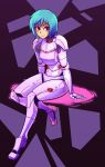  1girl armor blue_hair highres looking_at_viewer red_eyes sei_(va-11_hall-a) short_hair simple_background sitting va-11_hall-a 