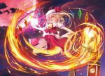  1girl ascot blonde_hair bow crystal fire flandre_scarlet frills full_body hat hat_bow laevatein mob_cap moon open_mouth puffy_sleeves red_moon redhead solo touhou wings yusaka_akuto 