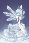  1girl bad_id between_legs blue_background blue_bow blue_dress blue_eyes blue_hair bow cirno crown dress expressionless hair_bow hand_between_legs ice ice_block ice_wings meta-kusuri neck_ribbon puffy_short_sleeves puffy_sleeves red_ribbon ribbon short_hair short_sleeves sitting solo touhou wings 