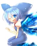  1girl backlighting between_legs blue_bow blue_dress blue_eyes blue_hair bow cirno dress hair_bow hand_between_legs ice ice_wings kuresento looking_at_viewer no_nose one_eye_closed open_mouth puffy_short_sleeves puffy_sleeves short_hair short_sleeves sitting smile solo touhou white_background wings 