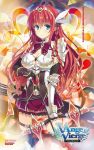  1girl ange_vierge armor arrow blue_eyes bow_(weapon) breasts cleavage elbow_gloves fingerless_gloves gloves hair_ornament jewelry large_breasts pauldrons pleated_skirt redhead ribbon skirt solo weapon yuuki_hagure 