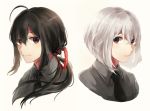  2boys ahoge black_hair honebami_toushirou male_focus multiple_boys namazuo_toushirou necktie parted_lips ponytail smile touken_ranbu unapoppo upper_body violet_eyes white_hair 