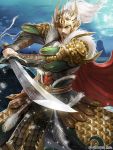  1boy armor blue_eyes blue_sky bridge facial_hair fighting_stance helmet japanese_armor kei1115 looking_at_viewer male_focus moon mustache official_art outdoors red_cape sangokushi_battle shoulder_armor sky solo standing sword vambraces watermark weapon 