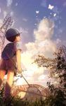  1boy backpack bag bridge clouds cocolo_(co_co_lo) commentary_request hat highres looking_up male_focus original shorts sky solo summer 