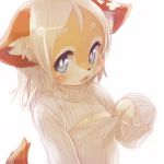  1girl adjusting_clothes animal_ears blue_eyes blush bright_pupils eyebrows furry long_sleeves looking_at_viewer mizuki_kotora open-chest_sweater simple_background solo sweater tail thick_eyebrows turtleneck upper_body white_background white_hair 