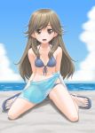  1girl alternate_costume arashio_(kantai_collection) beach bikini blue_bikini blue_sky brown_eyes brown_hair clouds front-tie_top highres kantai_collection long_hair looking_at_viewer open_mouth sand sandals sarong sitting sky smile swimsuit t2r wariza 