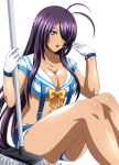  1girl breasts cleavage collarbone gloves grey_eyes hair_over_one_eye ikkitousen kan&#039;u_unchou large_breasts long_hair open_mouth purple_hair shorts simple_background sitting solo white_background white_gloves 