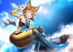  1girl ;d animal_ears barefoot blue_eyes blush breasts brown_hair erun_(granblue_fantasy) feet granblue_fantasy headband highres hoppege kairana large_breasts long_sleeves looking_at_viewer one_eye_closed open_mouth short_hair smile solo surfboard surfing toeless_legwear toes v water 