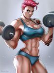  1girl abs absurdres barbell belly bottomless breasts cleavage dandon_fuga dark_skin green_eyes highres large_breasts legs looking_at_viewer muscle navel overwatch pink_hair scar short_hair solo sports_bikini tan tanline tattoo thighs toned zarya_(overwatch) 