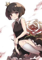  1girl :o bangs black_dress black_hair blood blunt_bangs blush breasts brown_eyes crown dress dutch_angle eyebrows eyebrows_visible_through_hair flower frilled_dress frills fuya_(tempupupu) injury kneehighs loafers looking_at_viewer open_mouth plant rose rose_(rose_to_tasogare_no_kojou) rose_to_tasogare_no_kojou shoes short_hair sleeveless sleeveless_dress small_breasts solo squatting tareme vines white_legwear white_rose 