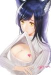  1girl ahri animal_ears artist_name bibiko black_hair breasts cleavage facial_mark fox_ears heart large_breasts league_of_legends long_hair open-chest_sweater simple_background solo sweater whisker_markings white_background yellow_eyes 