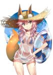  1girl animal_ears bikini breasts cleavage collarbone fate/extra fate/grand_order fate_(series) fox_ears fox_tail grimjin highres large_breasts navel pink_hair see-through shirt solo swimsuit tail tamamo_(fate)_(all) tamamo_no_mae_(fate) wet wet_clothes wet_shirt wet_t-shirt yellow_eyes 