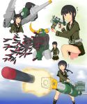  1girl :o black_eyes black_hair braid cannon check_commentary commentary commentary_request doyagao fresh_(toragoedia) gun kamen_rider kamen_rider_ryuki_(series) kamen_rider_zolda kantai_collection kitakami_(kantai_collection) magnugiga missile parody pleated_skirt pose rider_belt school_uniform serafuku skirt smile smug translated weapon 