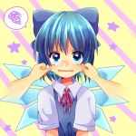  1girl blue_eyes blue_hair bow cheek_pinching cheek_pull cirno commentary_request doroshii hair_bow ice ice_wings looking_at_viewer neck_ribbon pinching pov red_ribbon ribbon short_hair short_sleeves solo spoken_squiggle squiggle star striped striped_background touhou upper_body wavy_mouth wings 