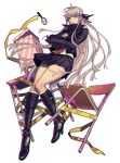  1girl boots bow braid chair coat dangan_ronpa dangan_ronpa_3 gloves hair_bow highres kirigiri_kyouko komo_(sleepy) lavender_hair long_hair magnifying_glass pleated_skirt simple_background skirt solo super_dangan_ronpa_2 white_background yellow_eyes 