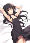  1girl accel_world ahoge armpits bare_shoulders bed_sheet black_dress black_hair brown_eyes collarbone dress flat_chest from_above fuya_(tempupupu) kuroyukihime legs_together long_hair looking_at_viewer looking_up sleeveless sleeveless_dress solo thighs 