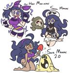  @_@ ahoge al_bhed_eyes armband bandana bikini breasts commentary cosplay duskull english gloves hairband haruka_(pokemon)_(cosplay) hex_maniac_(pokemon) highres hypnosis long_hair messy_hair mind_control npc open_mouth pokemon pokemon_(game) pokemon_oras pokemon_rse pokemon_sm pokemon_xy pun purple_hair sand sandygast shenanimation shorts shovel swimsuit tan team_skull_(cosplay) violet_eyes worktool 