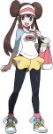  1girl absurdres bag baseball_cap black_legwear blue_eyes bright_pupils brown_hair clenched_hands double_bun full_body hat highres legwear_under_shorts long_hair mei_(pokemon) official_art oomura_yuusuke open_mouth pantyhose pokemon pokemon_(game) pokemon_bw pokemon_bw2 shirt shoes short_shorts shorts smile sneakers socks solo twintails very_long_hair visor_cap watch watch 