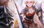  artist_request ass_visible_through_thighs blonde_hair blue_eyes breasts chain cityscape cleavage fighting lips looking_at_another original shield spaulders sword weapon 