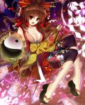  &gt;:d 1girl :d alternate_costume bare_shoulders bent_knees bike_shorts blizzomos bow breasts brown_hair cleavage collarbone commentary floral_print foreshortening full_body geta gohei hair_bow hair_ornament hair_stick hair_tubes hakurei_reimu highres japanese_clothes large_breasts long_hair looking_at_viewer ofuda open_mouth print_shorts red_bow red_eyes shorts shorts_under_skirt smile solo touhou yellow_bow yin_yang 