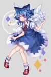  (9) 13_(spice!!) 1girl blue_bow blue_dress blue_eyes blue_hair bow cirno dress full_body grey_background grin hair_bow highres ice ice_wings knees_together_feet_apart looking_at_viewer mary_janes neck_ribbon puffy_short_sleeves puffy_sleeves red_ribbon red_shoes ribbon shoes short_hair short_sleeves smile solo touhou wings 