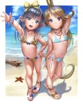  2girls anklet arm_up asakuraf bare_shoulders beach bikini black_hair blonde_hair blue_bikini blue_eyes blue_sky blush bracelet charlotta_(granblue_fantasy) clouds commentary_request crown flat_chest frilled_bikini frills granblue_fantasy hair_ribbon hairband hand_on_hip harbin highres jewelry lilulu long_hair looking_at_viewer multiple_girls navel necklace ocean open_mouth outdoors pointy_ears ribbon sand sandals side-tie_bikini sky smile striped striped_bikini swimsuit very_long_hair water yellow_bikini 