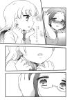  2girls :o blush comic glasses greyscale long_hair monochrome multiple_girls original school_uniform short_hair sweater_vest translated yanai yuri 