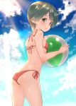  1girl :d alternate_costume ass ball bare_arms bare_legs bare_shoulders beachball bikini blue_sky blush breasts clouds cowboy_shot day from_side green_eyes green_hair holding_ball kantai_collection light_rays looking_at_viewer looking_back mogami_(kantai_collection) open_mouth red_bikini short_hair side-tie_bikini sky small_breasts smile solo sunlight suzuho_hotaru swimsuit tareme thighs 
