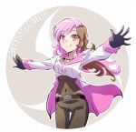  1girl belt black_gloves black_hair brown_eyes brown_pants covered_navel gloves heterochromia iesupa jewelry long_hair mitsudomoe_(shape) multicolored_hair necklace neo_(rwby) outstretched_arms pants pink_hair ribbed_shirt rwby shirt smile solo standing tomoe_(symbol) two-tone_hair violet_eyes 