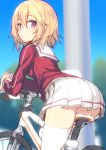  1girl absurdres ass bicycle blurry blush brown_hair depth_of_field eyebrows eyebrows_visible_through_hair from_behind ground_vehicle hair_between_eyes highres hirasato leaning_forward looking_at_viewer looking_back original pole school_uniform short_hair sketch skirt sky solo thigh-highs violet_eyes white_legwear 