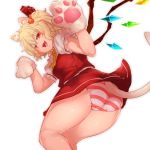 1girl animal_ears ascot ass blonde_hair bow cat_ears cat_tail dress_shirt eyebrows eyebrows_visible_through_hair fangs flandre_scarlet frilled_sleeves frills from_behind gloves hair_bobbles hair_bow hair_ornament hands_up kemonomimi_mode legs_together looking_at_viewer looking_back miniskirt no_hat no_headwear open_mouth panties paw_gloves paw_pose puffy_short_sleeves puffy_sleeves red_bow red_skirt red_vest sekiyu_(spartan) shirt short_sleeves side_ponytail skirt skirt_set solo striped striped_panties tail thighs tongue touhou underwear upskirt vest white_shirt wings 
